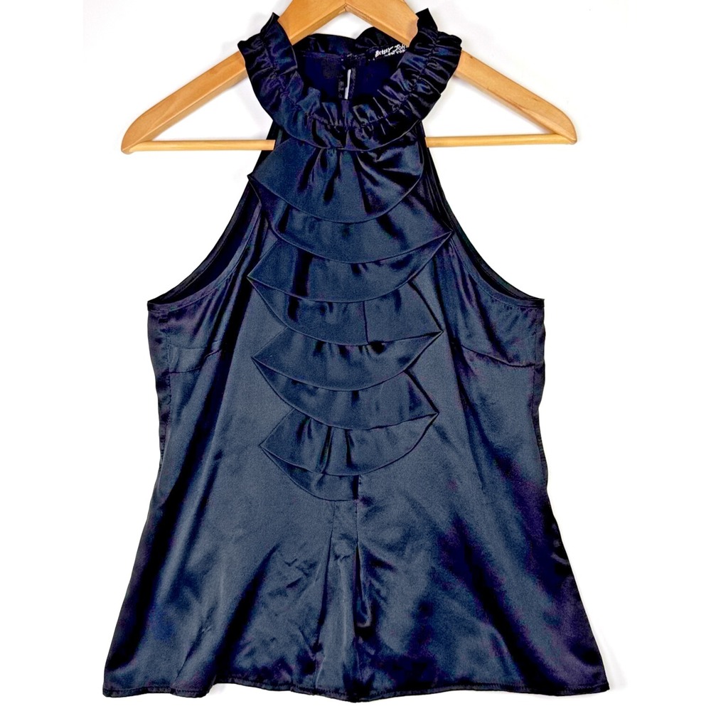 Vintage Betsey Johnson Top Women 6 Black Silk Ruffle Bib Evening Blouse USA Made